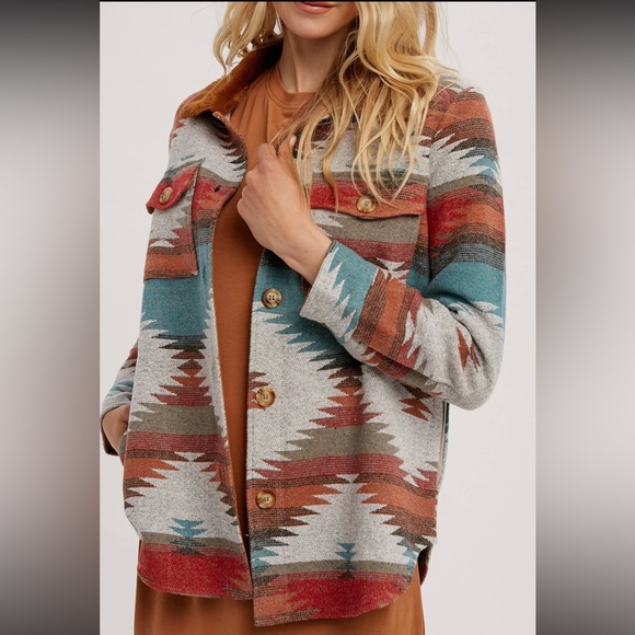 470. Aztec Shacket Faux Fur Collar Teal/Red Button Down NEW Item NWT - Picture 3 of 8